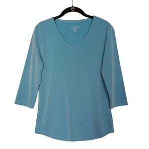 SEGMENTS Blue V Neck 3/4 Sleeve Stretchy Top Small